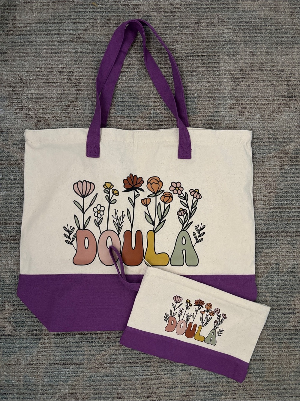 Canvas 'Doula' Floral Tote Bag with Matching Pouch - Purple Accents